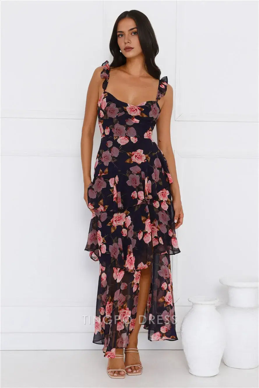 Elegant Square Floral Print Ruffled Strap Maxi Dress with Open Back  Prom Dress